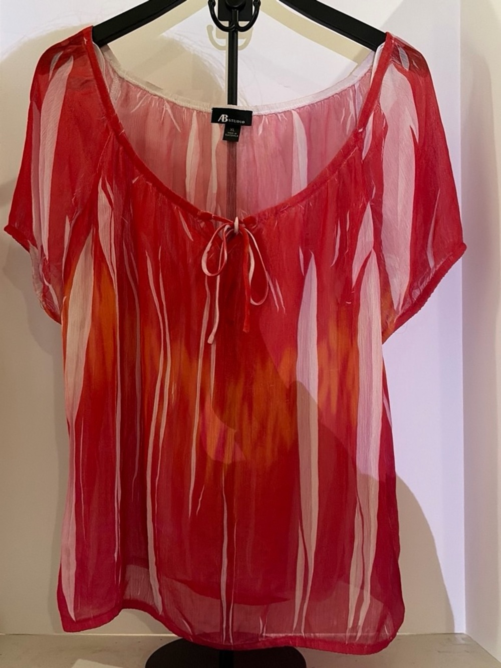 AB Studio Pink and Orange Sheer Tie-Front Blouse
